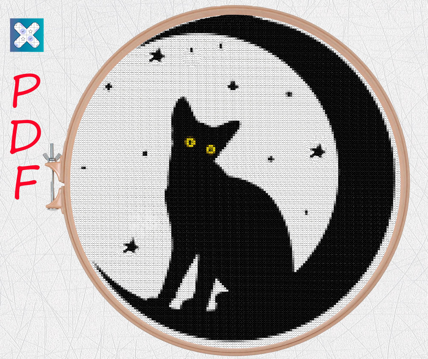 Enchanting Cat & Moon Beginner Cross Stitch Pattern: Mystical Feline Embroidery Design for Easy Crafting