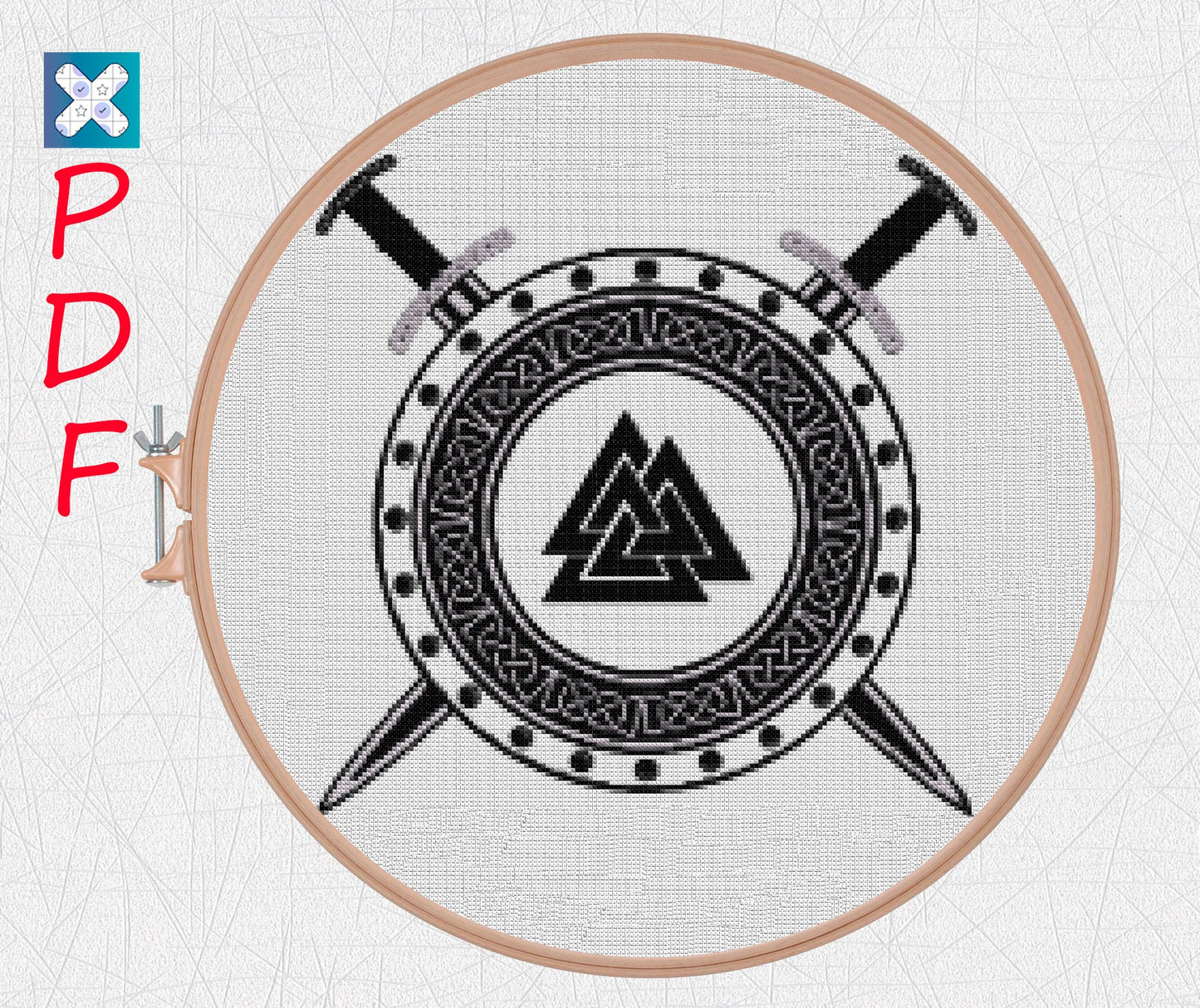 Norse Runes Cross Stitch Pattern: Beginner-Friendly Viking Shield & Swords Embroidery PDF