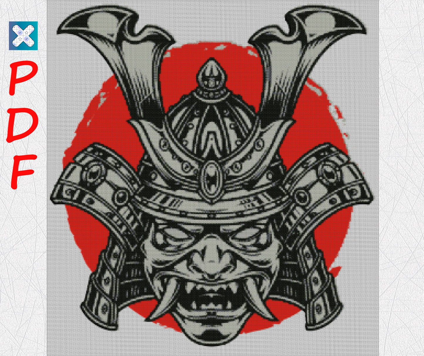 Japanese Samurai Mask Cross Stitch Pattern: Asian-Inspired Counted Chart for Modern Embroidery