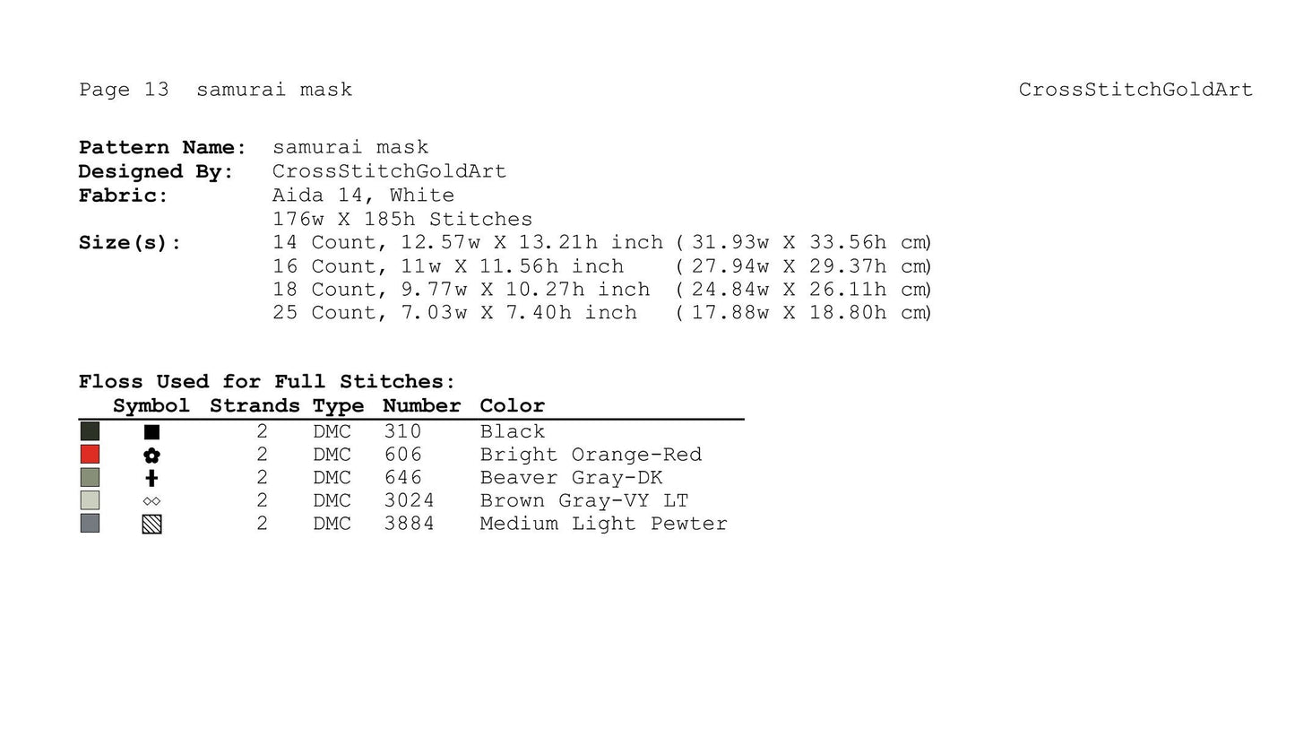 Japanese Samurai Mask Cross Stitch Pattern: Asian-Inspired Counted Chart for Modern Embroidery