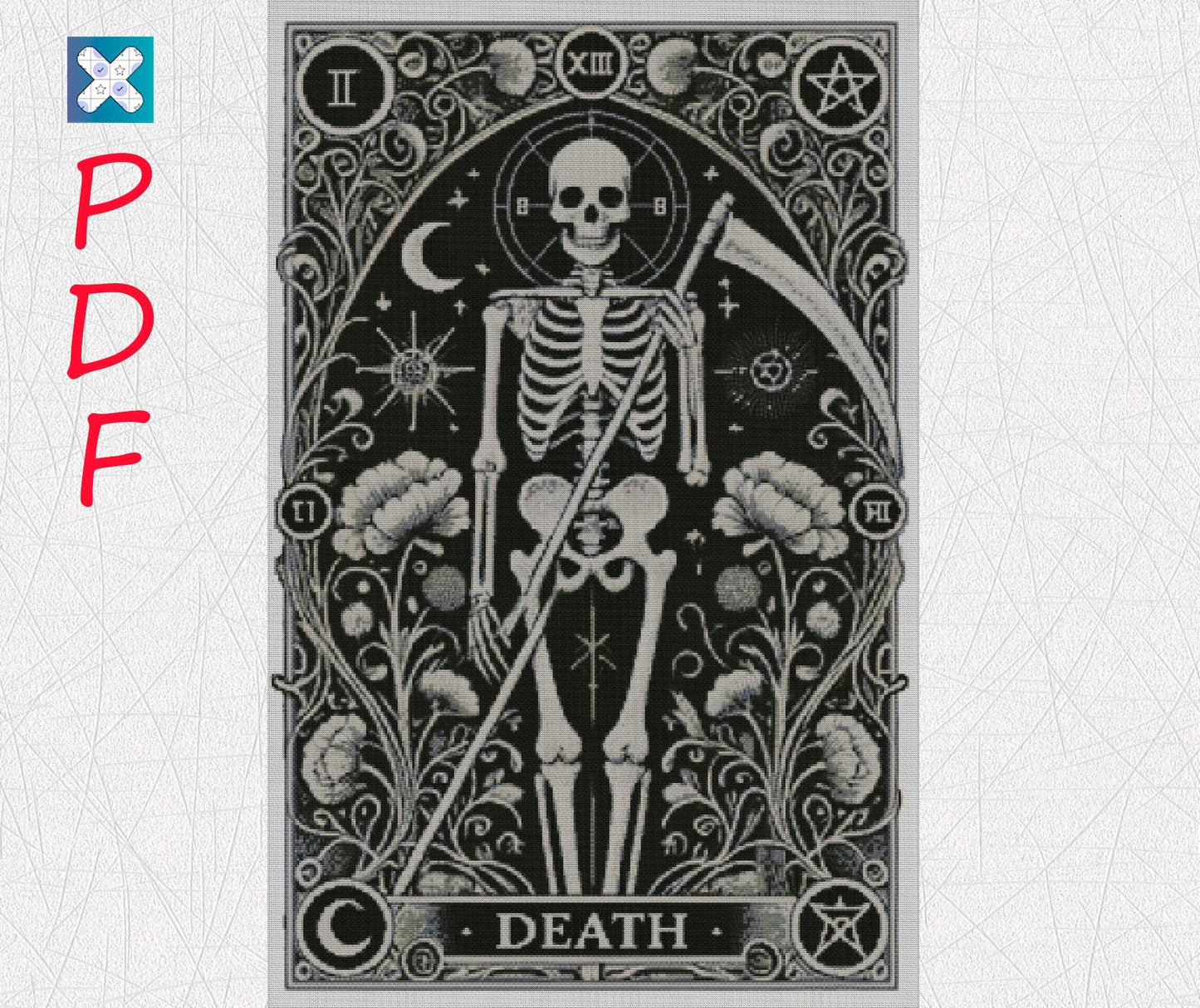 Gothic Skeleton Tarot Card Cross Stitch Pattern - Embroidery PDF for Occult Enthusiasts