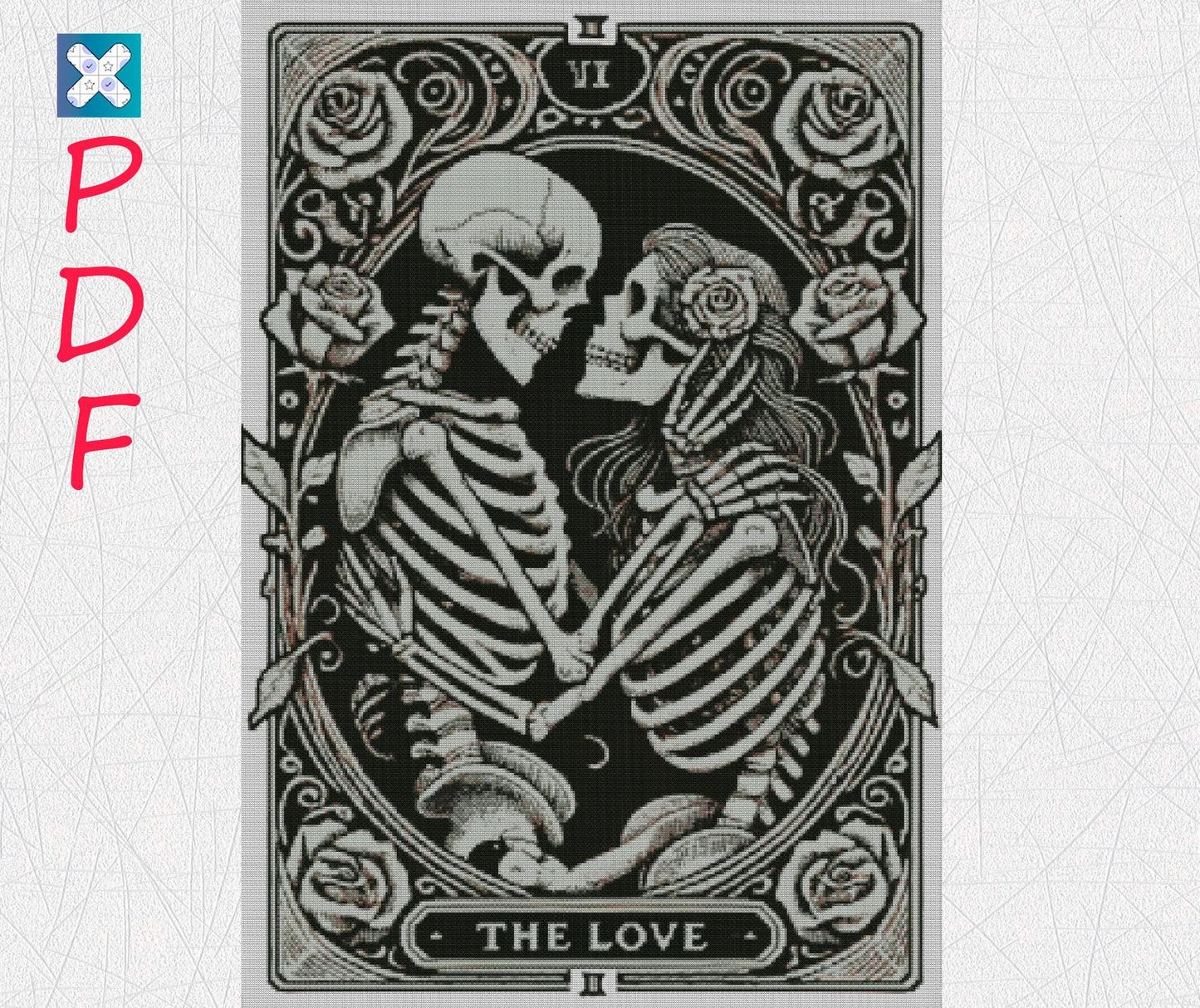 Gothic Skeleton Lovers Tarot Card Cross Stitch Pattern - Dark Occult Embroidery PDF