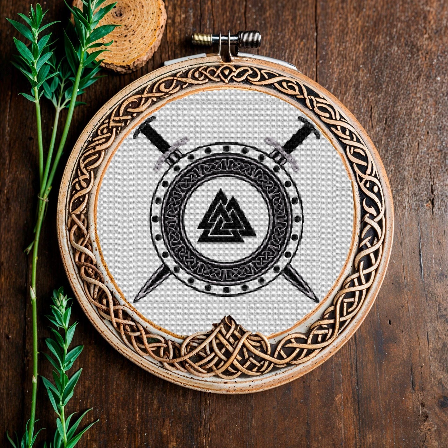 Norse Runes Cross Stitch Pattern: Beginner-Friendly Viking Shield & Swords Embroidery PDF