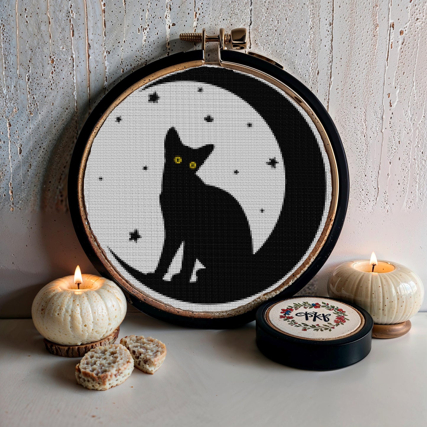 Enchanting Cat & Moon Beginner Cross Stitch Pattern: Mystical Feline Embroidery Design for Easy Crafting