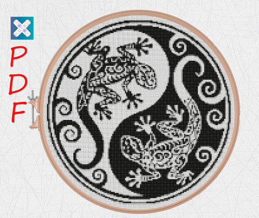 Yin and yang cross stitch pattern for beginners Lizard cross stitch PDF X-Stitch Printable Lizard embroidery design