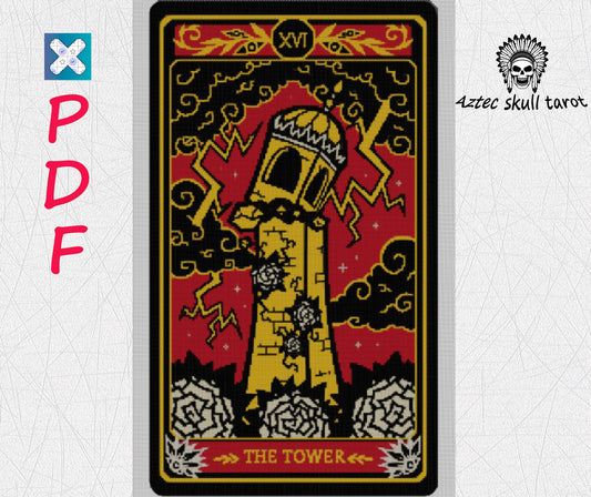 Aztec Tarot Tower Cross Stitch Pattern: Gothic Skeleton Embroidery PDF with Black & Gold Skull Design