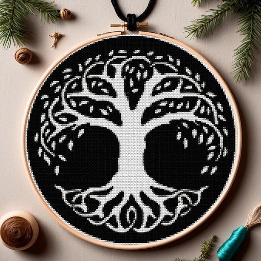 Beginner-Friendly Viking Tree of Life Cross Stitch Pattern - Norse Embroidery PDF for Black Aida