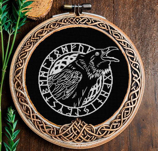 Viking Crow Cross Stitch Pattern: Printable Norse Embroidery PDF for Beginners on Black Aida