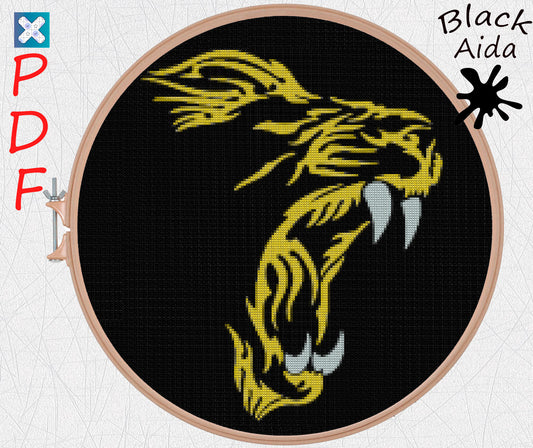 Lion cross stitch pattern for beginners Animal cross stitch Modern cross stitch Gold embroidery on black aida