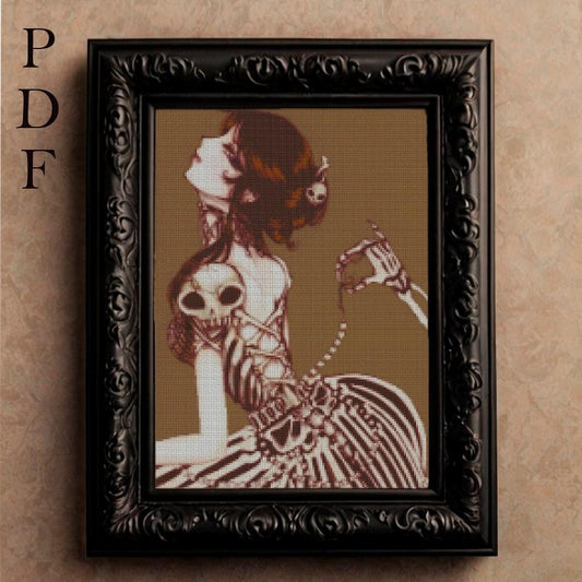 Gothic Skeleton Skull Cross Stitch Pattern - Victorian-Inspired Embroidery PDF for Dark Home Decor