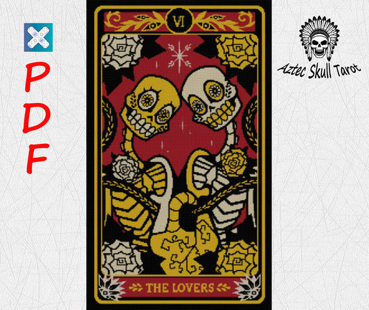 Aztec Tarot Lovers Card Cross Stitch Pattern: Gothic Skeleton Embroidery PDF Design