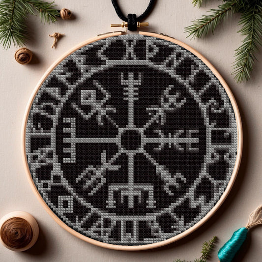 Viking Vegvisir Compass Cross Stitch Pattern: Norse Mythology Embroidery PDF Design