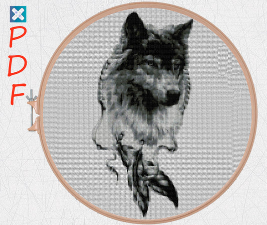 Ethnic Wolf Embroidery Pattern: Printable Animal Cross Stitch PDF for Modern Ornaments