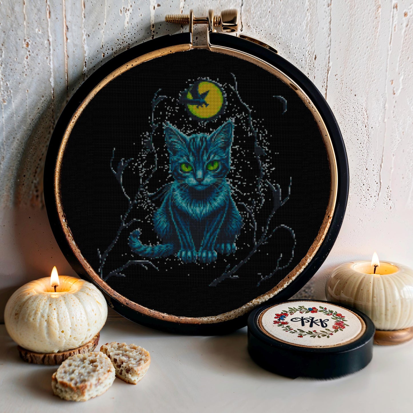 Mystical Cat & Moon Cross Stitch Pattern - Easy Beginner Embroidery Design for Animal Lovers