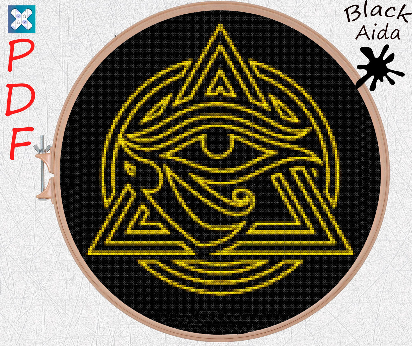 Eye of Horus Egyptian Cross Stitch Pattern: Beginner-Friendly Embroidery on Black Aida