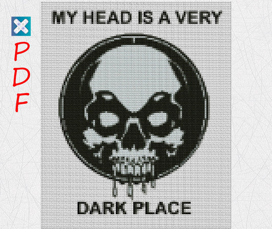 Skull cross stitch pattern for beginners Skeleton cross stitch Motivation embroidery PDF My head is a very dark place