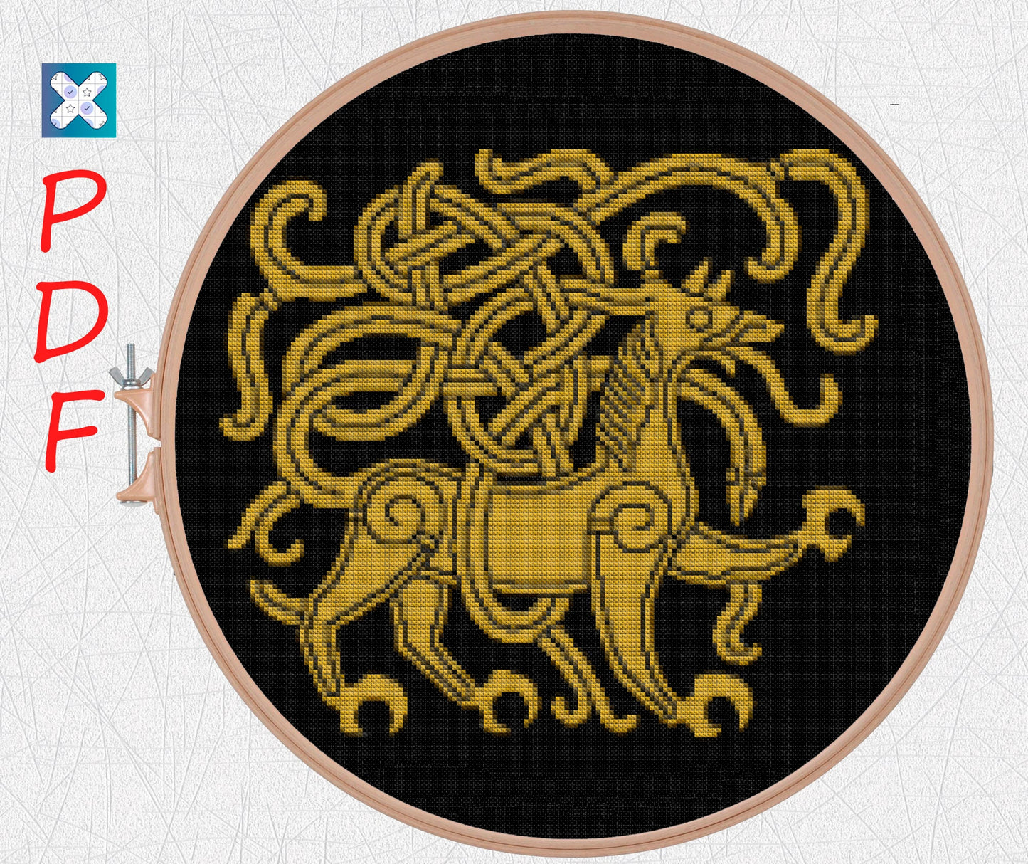 Gold cross stitch pattern Ornament cross stitch Horse and serpent embroidery Sampler cross stitch pattern Black Aida