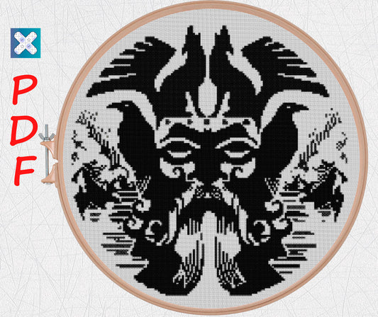 Viking cross stitch pattern for beginners Odin cross stitch pattern Crow cross stitch PDF X-Stitch Printable Norse embroidery