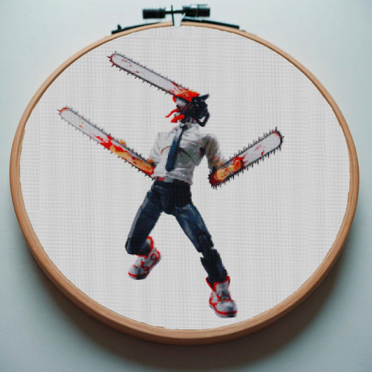Modern Japanese Anime-Inspired Cross Stitch & Embroidery Pattern PDF: Chainsaw Character Design for Crafters