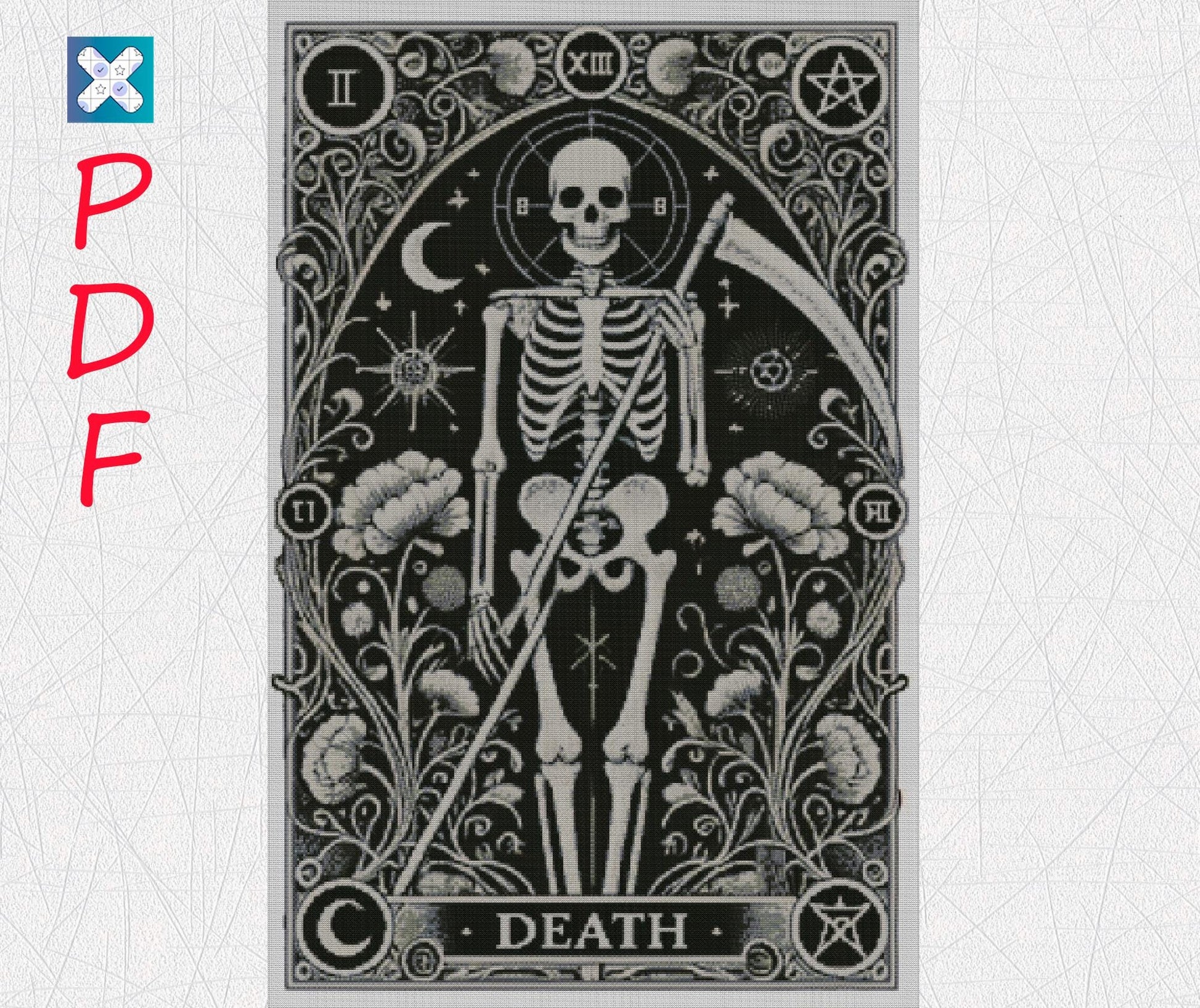 Gothic Skeleton Tarot Card Cross Stitch Pattern - Embroidery PDF for Occult Enthusiasts