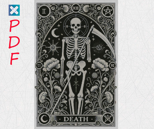 Gothic Skeleton Tarot Card Cross Stitch Pattern - Embroidery PDF for Occult Enthusiasts