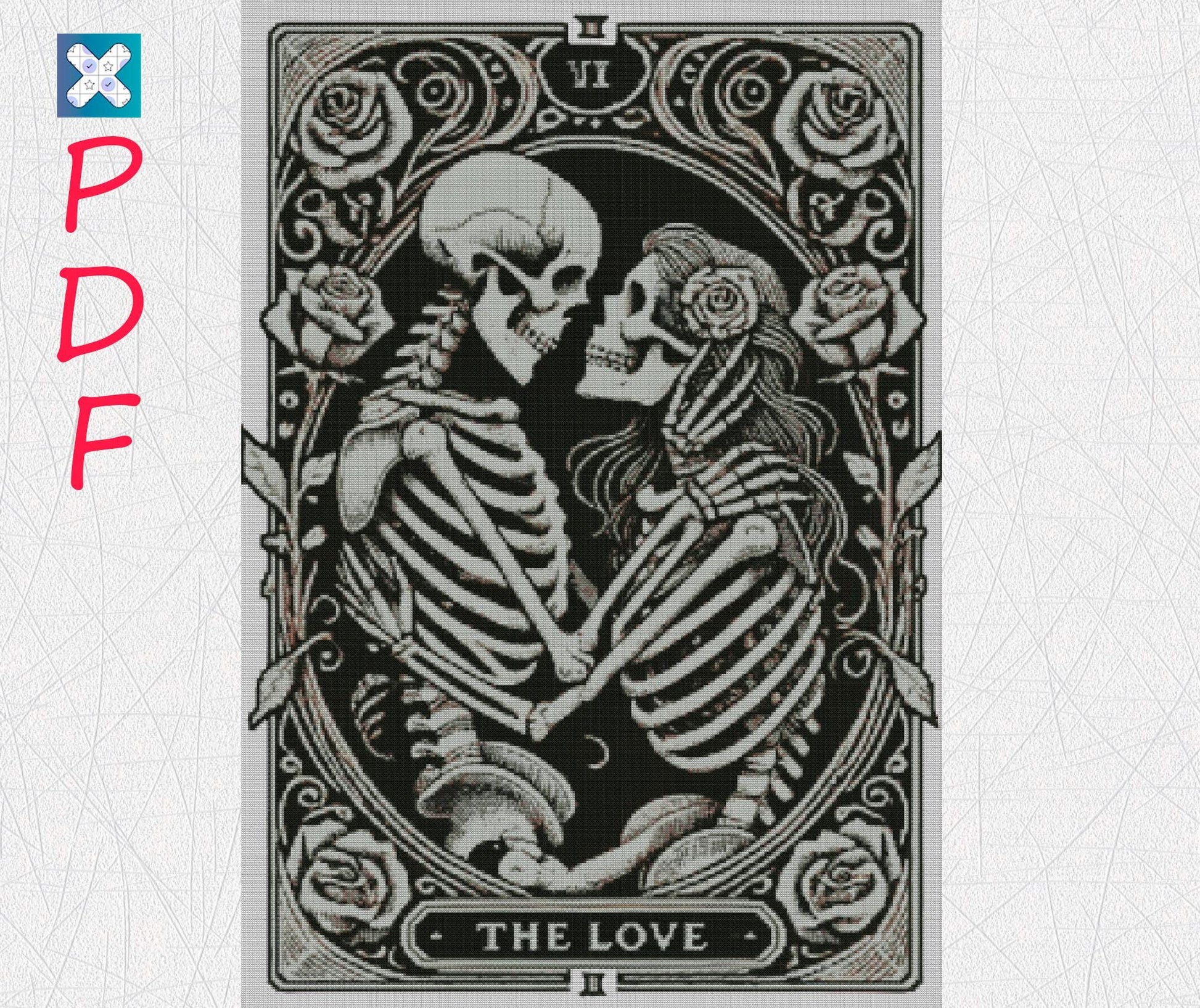 Gothic Skeleton Lovers Tarot Card Cross Stitch Pattern - Dark Occult Embroidery PDF