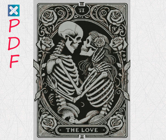 Gothic Skeleton Lovers Tarot Card Cross Stitch Pattern - Dark Occult Embroidery PDF