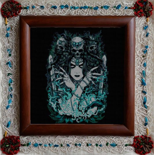 Viking Hel Norse Celtic Embroidery Design: Cross Stitch Pattern for Dark Aida with Symbols