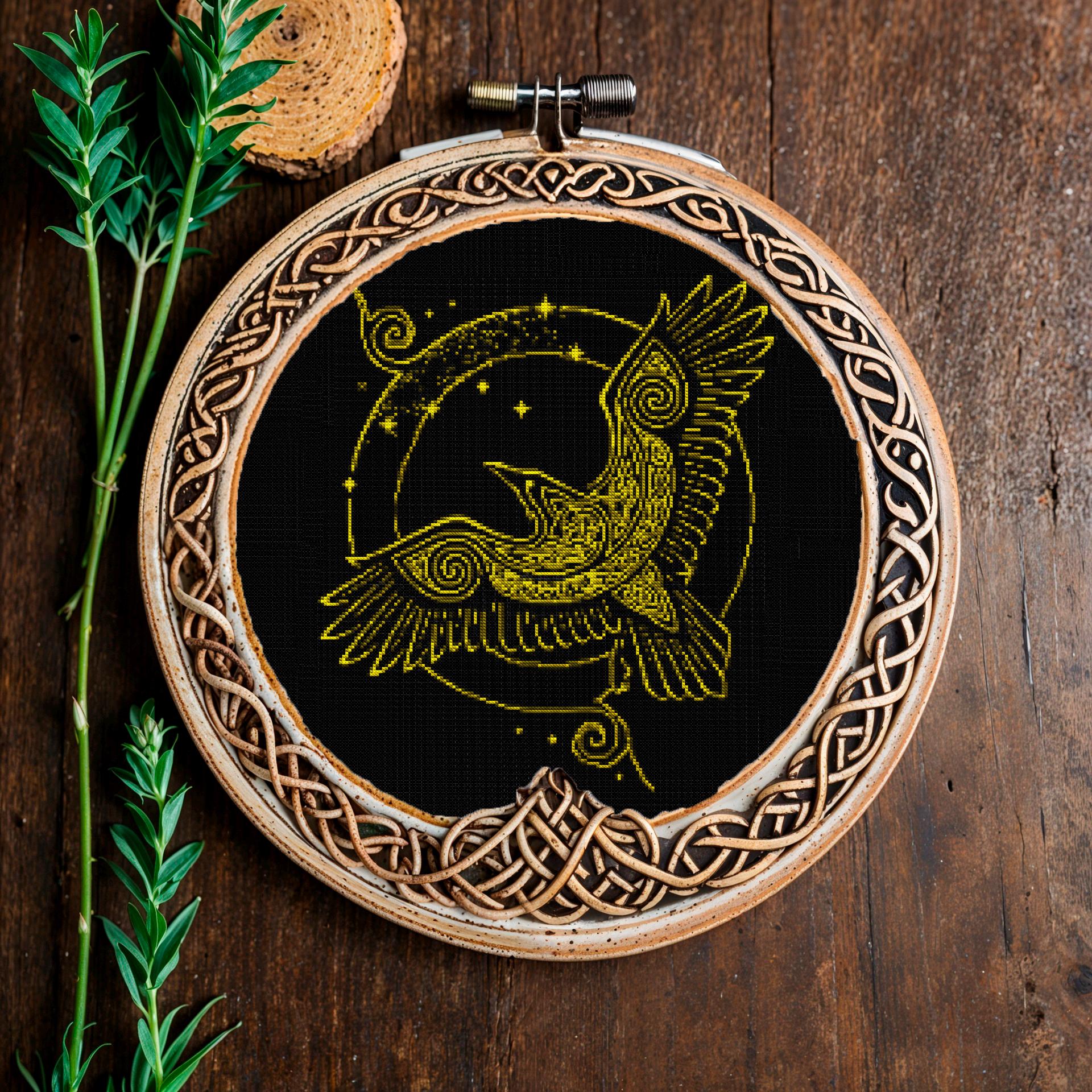 Viking Crow Embroidery Pattern: Beginner-Friendly Norse X-Stitch PDF for Celtic and Nordic Enthusiasts