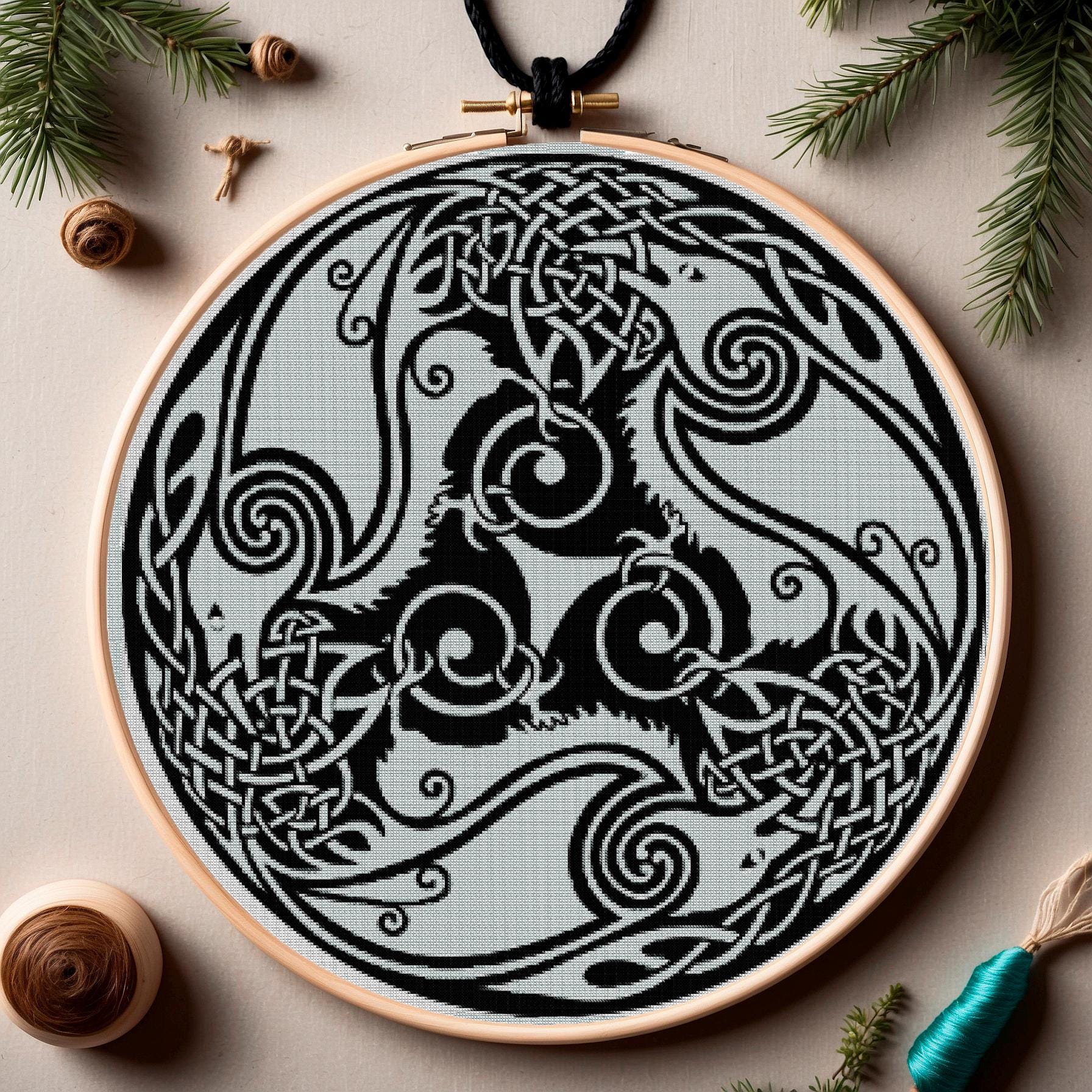 Viking Crow Cross Stitch Pattern: Norse Embroidery for Beginners - Printable PDF on Black Aida