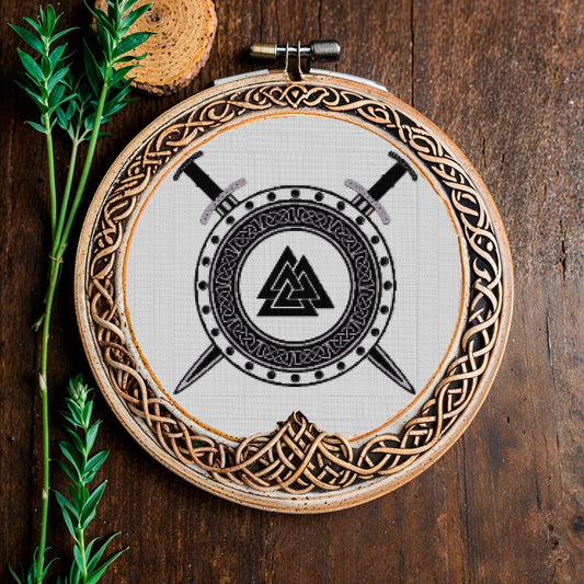 Norse Runes Cross Stitch Pattern: Beginner-Friendly Viking Shield & Swords Embroidery PDF