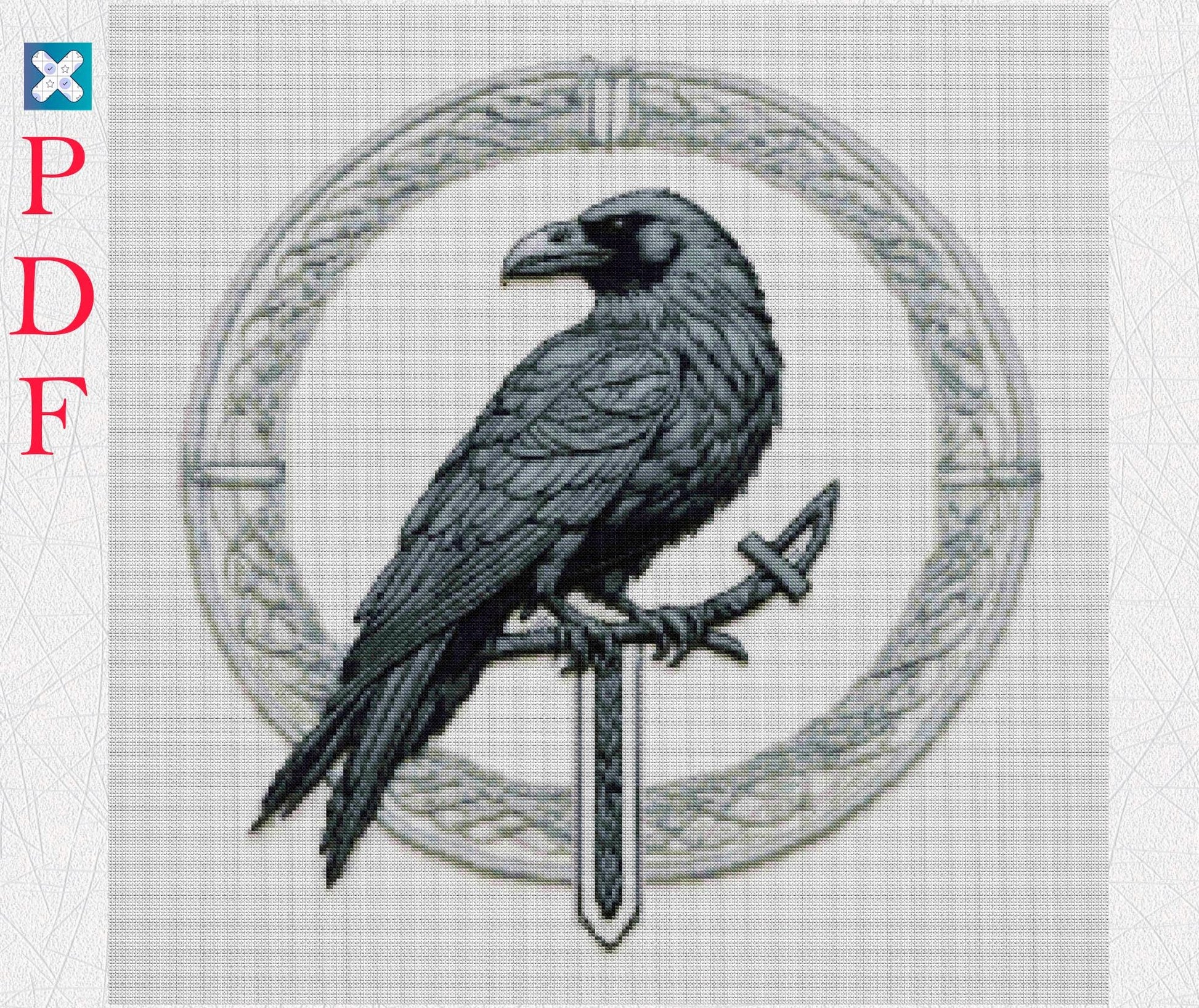 Celtic-Norse Crow Viking Cross Stitch Pattern: Printable Embroidery PDF for Beginners