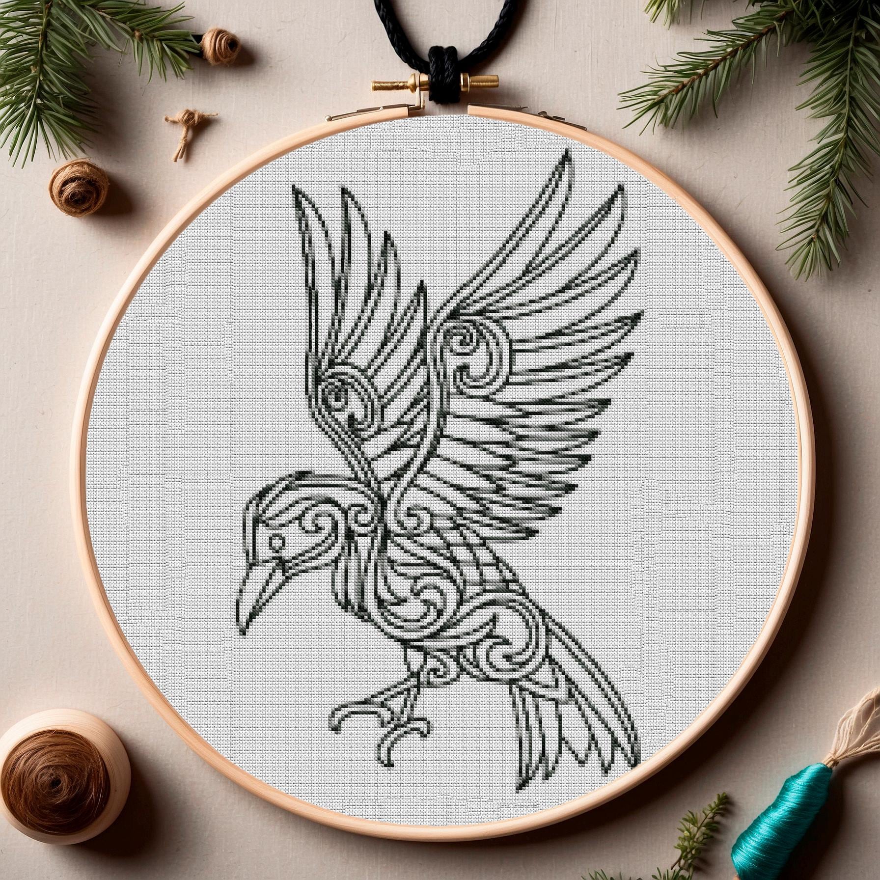 Viking Crow Embroidery Pattern: Norse Raven X-Stitch for Beginners, Printable PDF Celtic Ornament