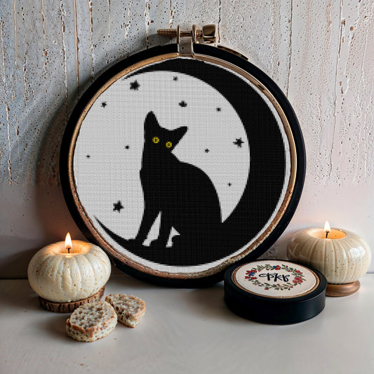 Enchanting Cat & Moon Beginner Cross Stitch Pattern: Mystical Feline Embroidery Design for Easy Crafting
