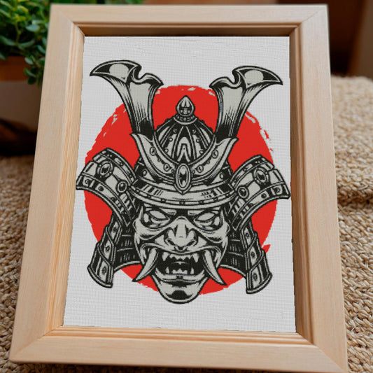 Japanese Samurai Mask Cross Stitch Pattern: Asian-Inspired Counted Chart for Modern Embroidery
